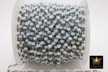 White Opal Rosary Chain, 4 mm Black Wire Wrapped CH #315, Beaded Chain Opalite